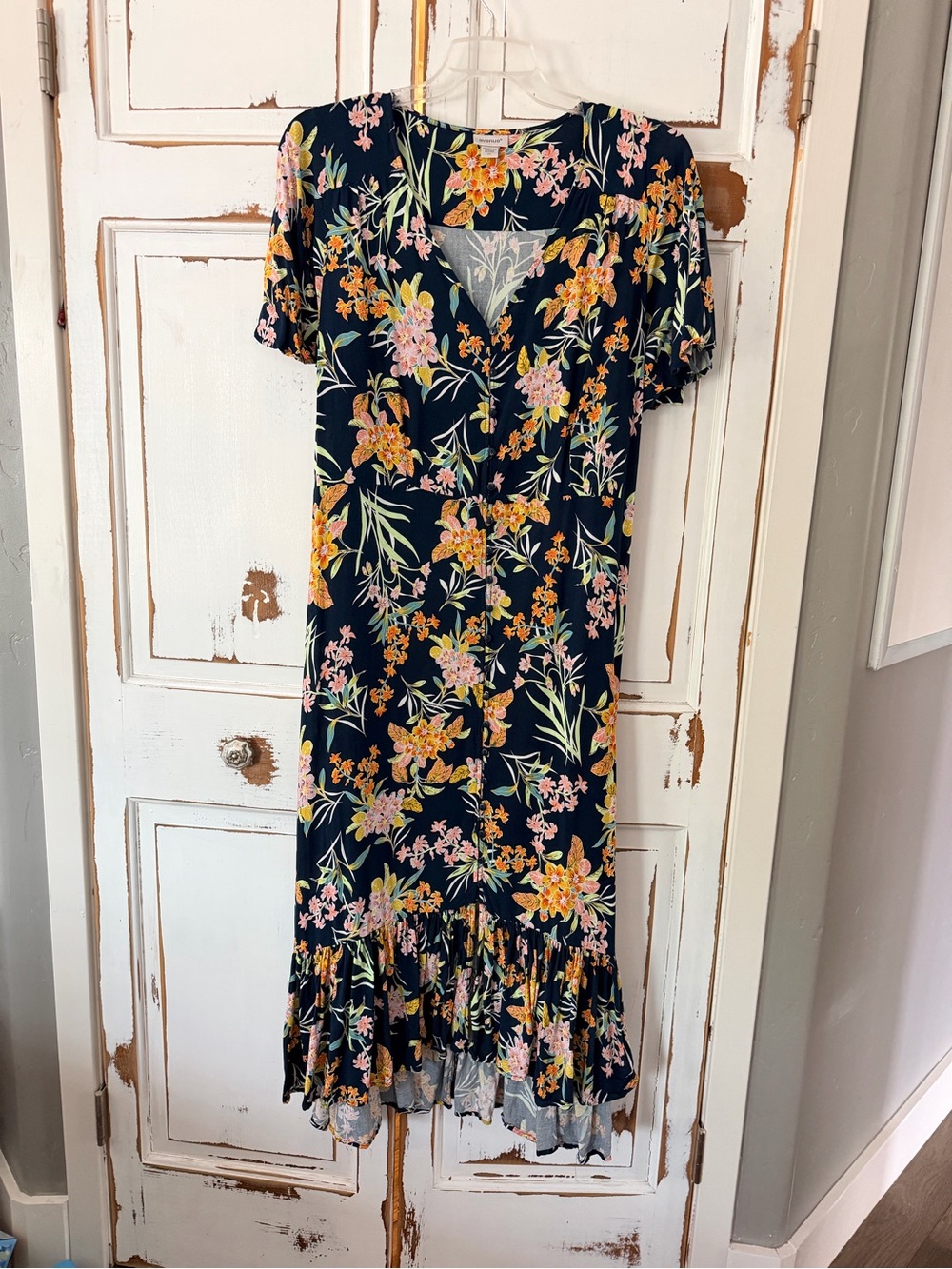 Avenue Navy Floral V-Neck Midi Dress with Yellow & Pink Blooms
